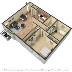 Floor plan for 2 beds, 1 bath, 963 sqft